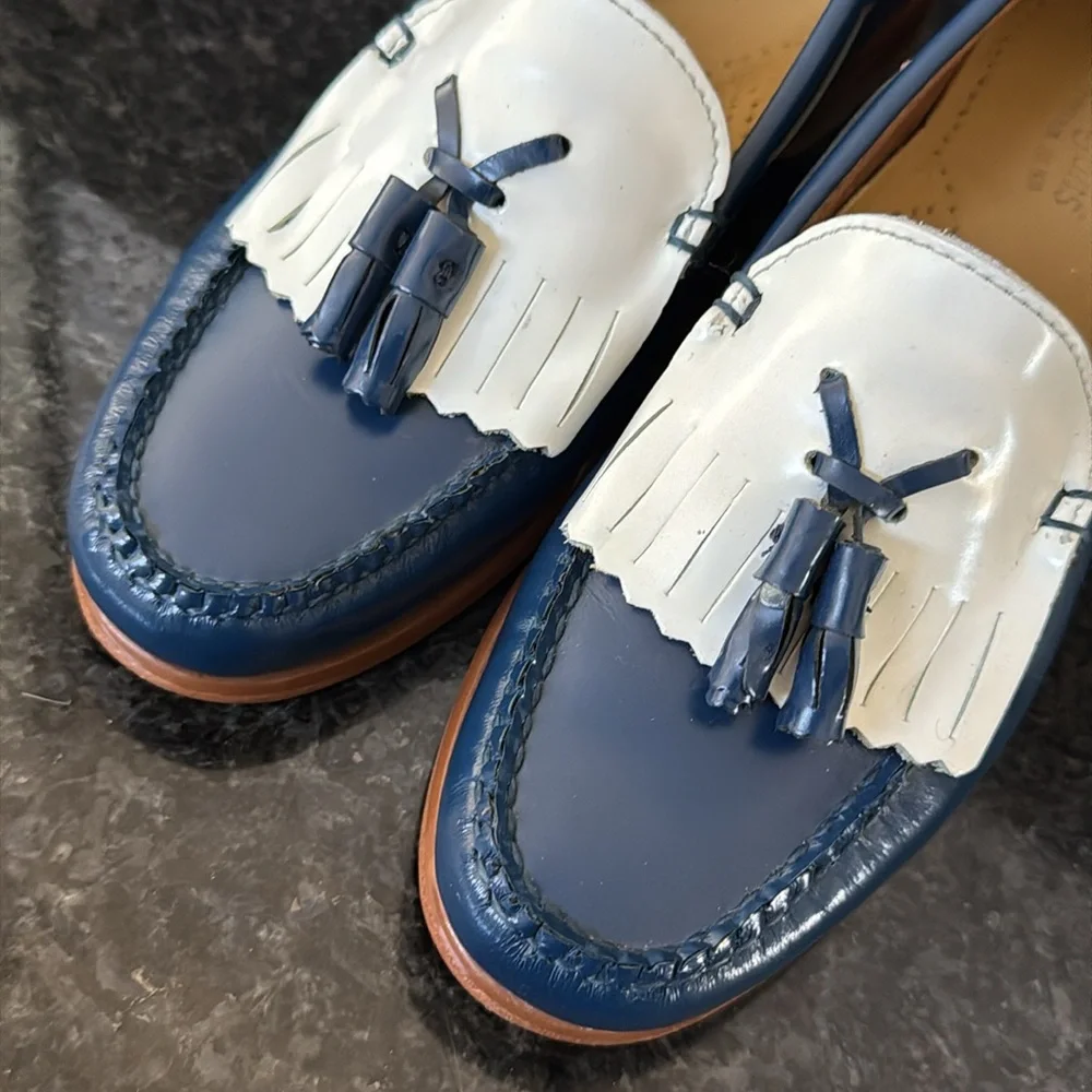 Classic Blue and White Tassel Loafer - Women's Leather Slip-On